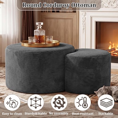 Boneless Ottoman Nesting Coffee Table Set of 2,Corduroy Soft Foot Rest Movable LargePouf Footstool for Living Room Sofa Couch Bedroom Entryway and Small Spaces No Assembly (Dark Gray)
