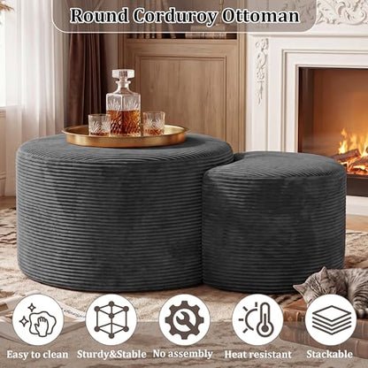 Boneless Ottoman Nesting Coffee Table Set of 2,Corduroy Soft Foot Rest Movable LargePouf Footstool for Living Room Sofa Couch Bedroom Entryway and Small Spaces No Assembly (Dark Gray)