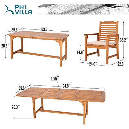 7pc Outdoor Dining Set, Expandable Wood Table w/Umbrella Hole | Acacia wood teak patio furniture set for 6. Perfect for patio, deck, porch, backyard. Chairs with cushions.