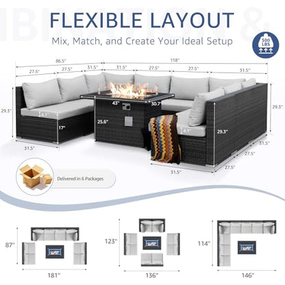29.3'' High Back Outdoor Patio Furniture Set with Firepit Natural Gas & Propane, 9 Piece Extra Large Conversation Set with Fire Pit Table, Modern Deep Wide Modular Wicker Sofa Couches, Gray