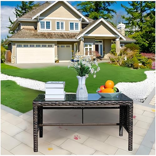 Coffee Table Outdoor Patio Furniture, Tempered Glass Top, Wicker Design, Brown, 30.75x17.5x15 Inch, Water Resistant, Assembly Required