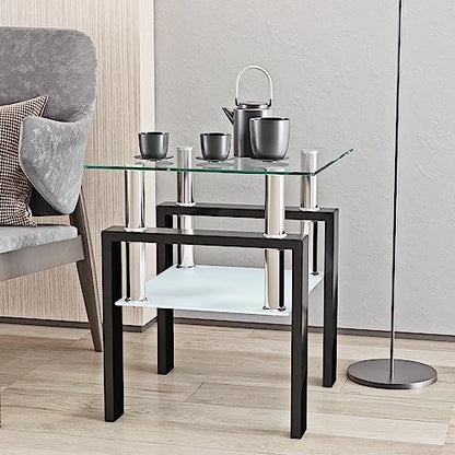Glass Side Table 2-Tier Modern Glass Top Corner Table Living Room Square Side Table with Metal Leg for Living Room, Dining Room, Bedroom (1, Clear)