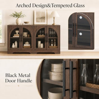 55" Arched Glass Door Sideboard Buffet Cabinet, Walnut, view 5