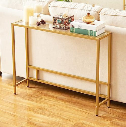 Small Modern Console Table for Entryway, Tempered Glass with Metal Frame Sofa Table for Living Room, Hallway, Office (Single-Layer, Gold)