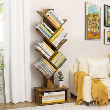 6 Tier Tree Bookshelf, Tall Bookcase with Drawer, Freestanding Book Shelf, Display Floor Standing Storage Shelf, Book Organizer Shelves for Home Office, Rustic Brown