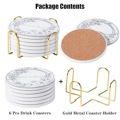 6Pcs Ceramic Coasters Set with Holder - 6 Unique Designs Absorbent Drink Mats for Coffee Table, Modern Home Decor Coasters with Cork Base Suitable for All Cups, Ideal Housewarming Gift 4 Inch