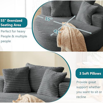 55'' Oversized Round Chaise Lounge Chair Indoor, Corduroy Sponge Deep Seat Single Sofa, Cloud Large Round Chairs, Modern Sleeper Chair for Living Room, Wide Armrest Chairs, No Assembly Required Gray