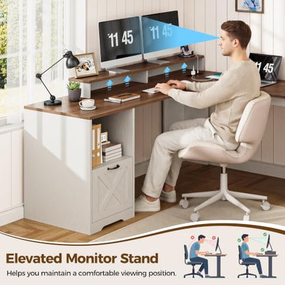 Farmhouse L Shaped Desk with Storage, Monitor Stand for Home Office, view 5