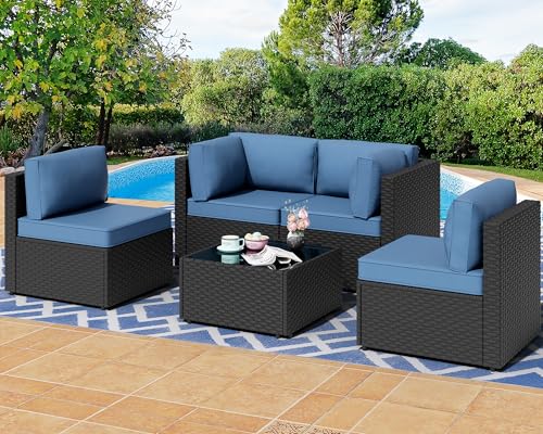 5 Pieces Outdoor Patio Sectional Sofa Couch, PE Wicker Furniture Sets, Patio Conversation Sets with Washable Cushions Glass Coffee Table for Garden, Poolside, Backyard, Aegean Blue