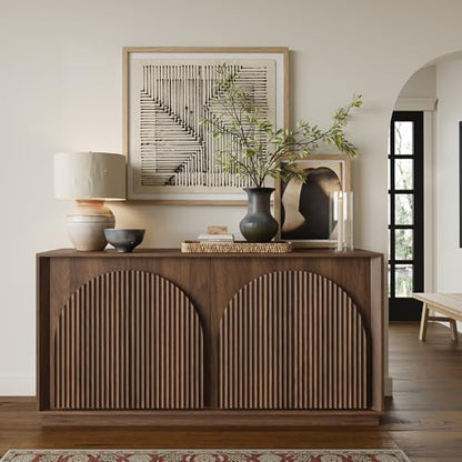 Fluted Sideboard Buffet Cabinet with Storage, 65" Mid Century Modern Accent Cabinet with Double-Layered Arch Doors,Wood Media TV Console Table Credenza for Living Dining Room Entryway,Walnut