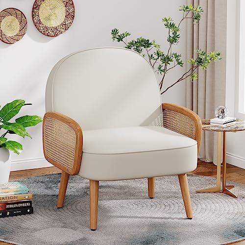 Mid Century Modern Accent Chair Armchair with Rattan Arms Upholstered Rattan Boho Accent Chair for Living Room Bedroom Balcony Faux Leather Reading Chairs Side Club Chair Beige