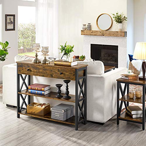 Yaheetech Console Table with Drawer, Sofa Table with Storage Shelves, 39.5 Inch Entryway Tables with Metal Frame, for Living Room, Entryway, Hallway, Rustic Brown