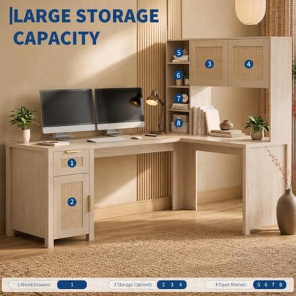 L Shaped Desk with Hutch, Corner Desk with Storage, Wood, view 6