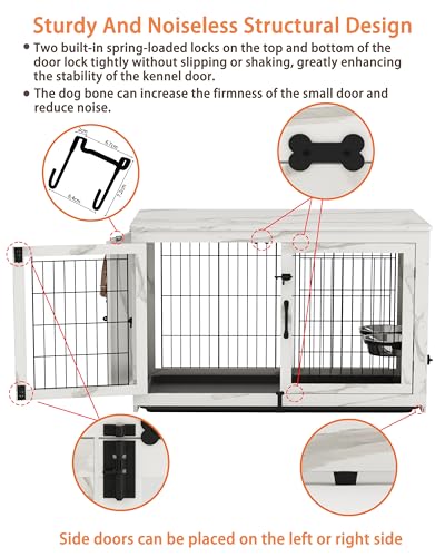 Wooden Dog Crate Furniture with 360°Rotatable Removable Dog Bowls, view 6