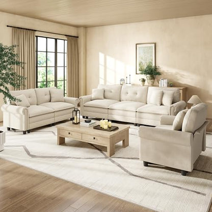 Modular Sectional Sofa Set for Living Room 3-Piece Deep Seats | Mid-Century Modern 6-Seater Cloud Sofa Set, Cyan, Rolled Arms & Nailhead Trim, Wider & Deeper Seats, Chenille Furniture Set
