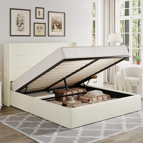 Queen Size Chenille Lift Up Hydraulic Storage Bed Frame Cream White, view 2