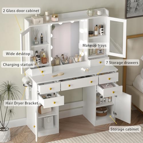 White Makeup Vanity Desk with Mirror and Lights, Smart RGB Light, view 5