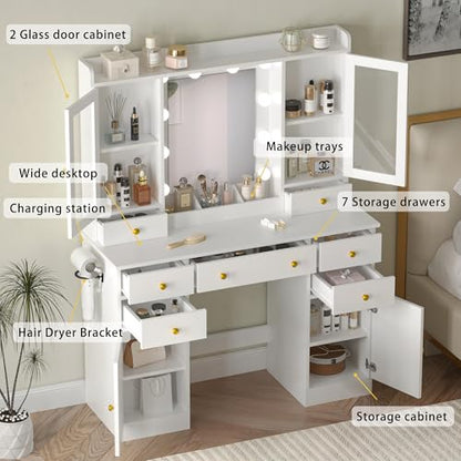 White Makeup Vanity Desk with Mirror and Lights, Smart RGB Light, view 5