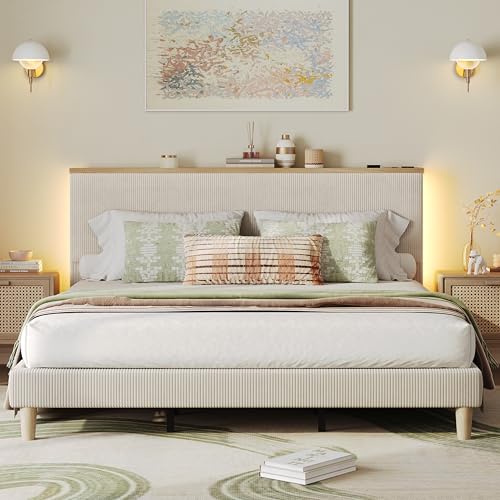 King Bed Frame with Storage Headboard & LED, Upholstered, Beige, view 2