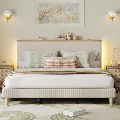 King Bed Frame with Storage Headboard & LED, Upholstered, Beige, view 2