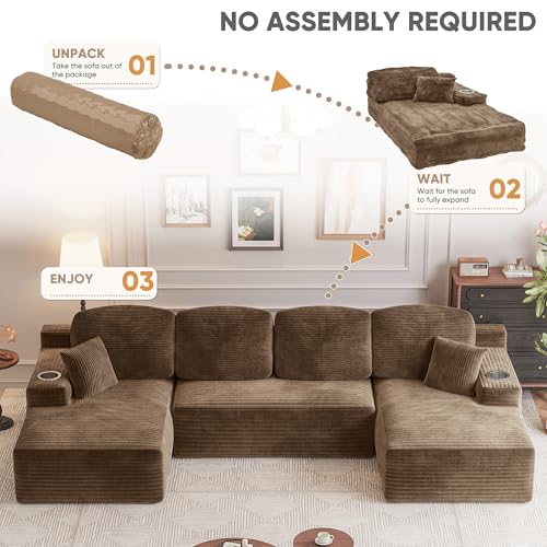 142" Boneless Couch, Modular Sectional Sofa, No Assembly Required, Memory Foam Filling, Corduroy U-Shaped Sofa, Movable Multi-Person Couch for Living Room (Brown)