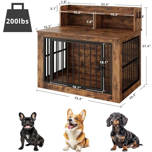 33.4" Small Dog Crate Furniture with Storage Hooks, view 3