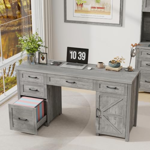 Farmhouse 61'' Executive Desk with 5 Drawers,Grey, view 7