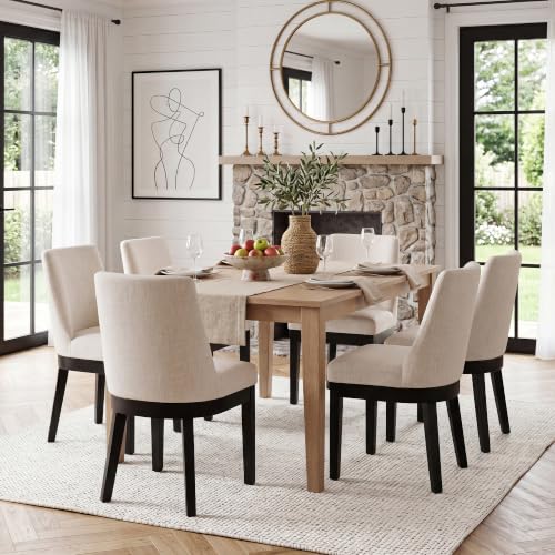 Modern Dining Chairs Set of 6 with Comfortable Back Support, Farmhouse Soft Linen Upholstered Dining Room Chairs with Black Solid Wood Legs, Armless Kitchen Side Chairs for Living Room, Beige