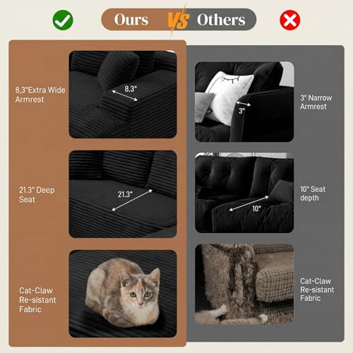 95" L Shaped Cloud Boneless Sectional Couches for Living Room, Modern Comfy Modular Deep Seat Memory Foam Compressed Corduroy Sofa Oversized Right Facing Chaise, No Assembly Required, Balck