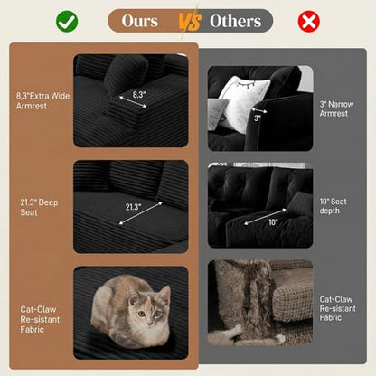95" L Shaped Cloud Boneless Sectional Couches for Living Room, Modern Comfy Modular Deep Seat Memory Foam Compressed Corduroy Sofa Oversized Right Facing Chaise, No Assembly Required, Balck