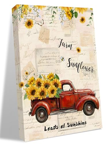 NuYeBiofx Farmhouse Red Truck Sunflower Canvas Wall Art Prints,30"x20" Framed Picture Artwork Blossom Floral on Retro Letter Printed Canvas Oil Painting for Living Room Bedroom Office,Ready to Hang