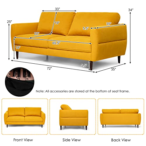 Loveseat Sofa, Upholstered Mid-Century Modern 2 Seat Sofa Couch with Solid Wood Frame for Living Room, Small Spaces, Bedroom, Apartment, Reception Room, Yellow