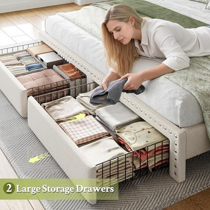King Size Bed Frame with 2 Drawer & 2-Tier Storage Headboard Shelf, view 4