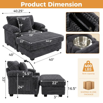 Chaise Lounge Chair with Adjustable Backrest, Storage Ottoman, view 3