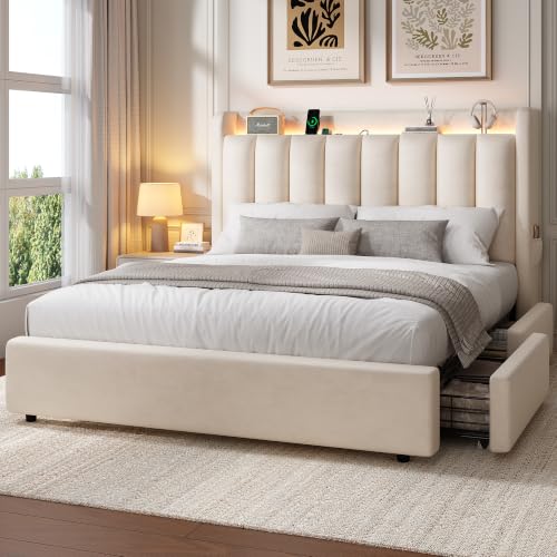 Queen Bed Frame with 2 Reversible Storage Drawers, view 2