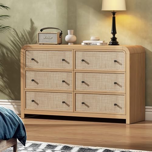 6 Drawer Dresser for Bedroom, 49'' Rattan Dresser with Ample Storage, Boho Chest of Drawers, Thickened Curved Profile Design, Oak Dressers for Bedroom, Living Room