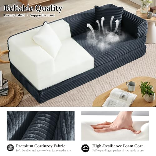 Boneless Couch Futon Sofa Bed Sectional Couches for Living Room,Cloud Couch with Sleeper Sofa,Sofas for Living Room Oversized Corduroy Upholstered (Gray, 76 Inches (No Iron Frame))
