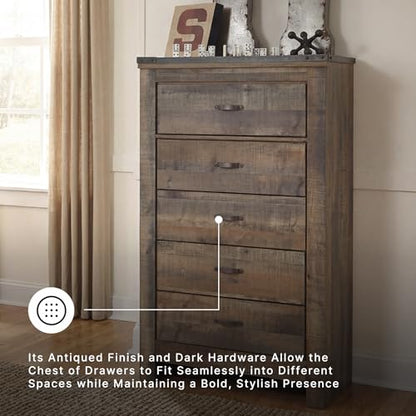 Signature Design by Ashley Trinell Rustic 5 Drawer Chest of Drawers with Nailhead Trim, Warm Brown