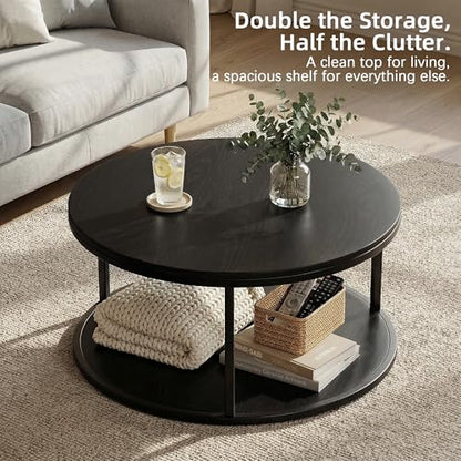 36" Modern Round Coffee Table for Living Room, 2-Tier Wood Design with Storage Shelf, Sturdy Metal Frame, Stylish Small Space Furniture, Black Metal
