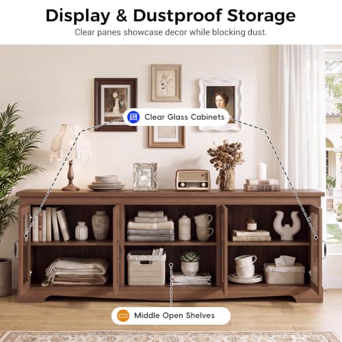 Tall TV Stand with Glass Doors, 78.75" Farmhouse Media Console with Storage, view 5
