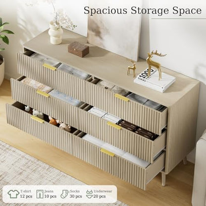 Fluted Dresser and Nightstand Set, 3 Pieces Bedroom Set, 55 Inch Wide 6-Drawer Dresser & 2-Drawer Nightstands Set of 2, Modern Dressers Set for Bedroom, Hallway, Beige