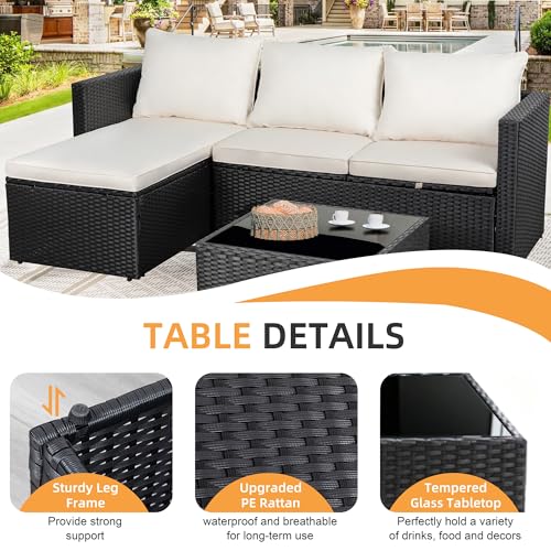 4 Pieces Patio Furniture Set, 2-in-1 Convertible Sectional Sofa & Chaise Lounge, All-Weather Wicker Rattan Sofa Couch with Cushions & Coffee Table for Yard, Garden, Porch, Poolside (Beige)