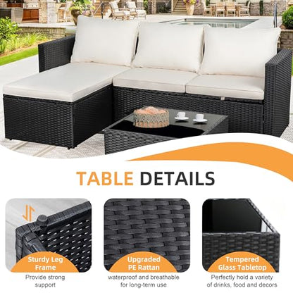 4 Pieces Patio Furniture Set, 2-in-1 Convertible Sectional Sofa & Chaise Lounge, All-Weather Wicker Rattan Sofa Couch with Cushions & Coffee Table for Yard, Garden, Porch, Poolside (Beige)