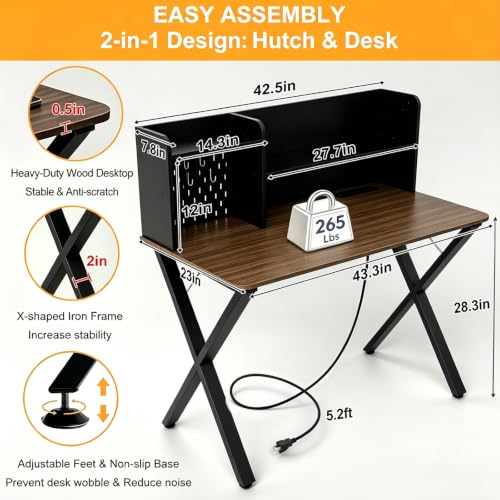 44"×24" Black Computer Desk with Charging Ports & Hutch Pegboard, view 3
