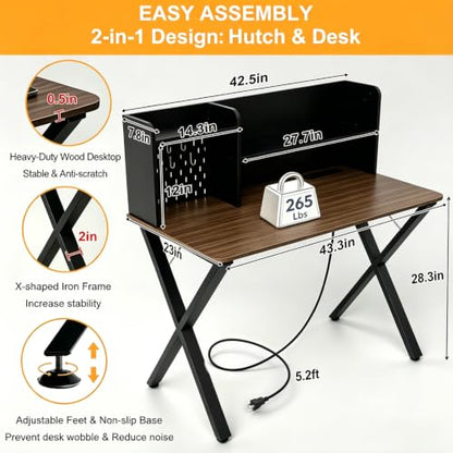 44"×24" Black Computer Desk with Charging Ports & Hutch Pegboard, view 3