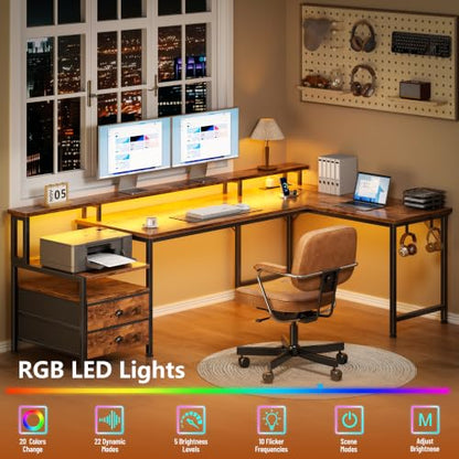66'' L Shaped Computer Desk with Storage Drawers, Power Outlet, LED, view 6