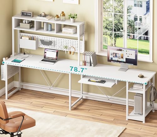 White L Shaped Office Desk, 57.5” Corner Computer Desk with Power Outlet Pegboard and Keyboard Tray, Gaming Table with LED Lights, Hutch and Storage Shelves for Home Office