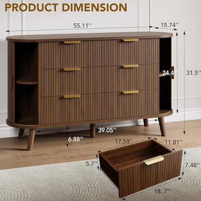 Fluted 6 Drawer Dresser, 55" Mid Century Modern Chest of Drawers, view 3