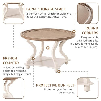 Round Farmhouse Coffee Table, Wood Tray Top, White, Circle