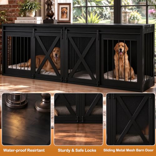94.5in Double Dog Crate Furniture, Farmhouse Dog Kennel TV Stand, Black, view 4